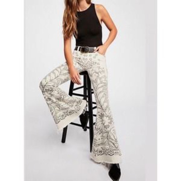 Free People Denim - Free People Printed Denim Size 27 Super Flare Jeans